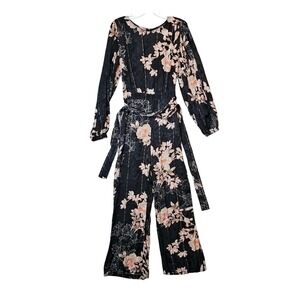 Harlyn Floral Wide Leg Jumpsuit Black Pink Metallic Belted Long Sleeve Size L